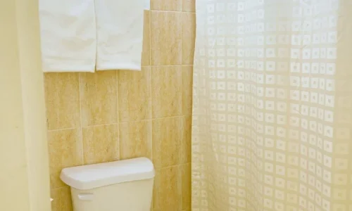 Bathroom with beige tiled walls, white toilet, shower with light patterned curtain, and folded white towels on glass shelf.