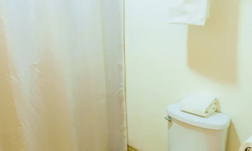 Hotel bathroom with white toilet, shower curtain, and towels on a wall-mounted rack and toilet tank