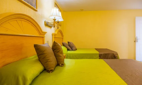 Hotel room with two beds having wooden headboards, green bedspreads, and brown pillows under a wall lamp beside a white door.